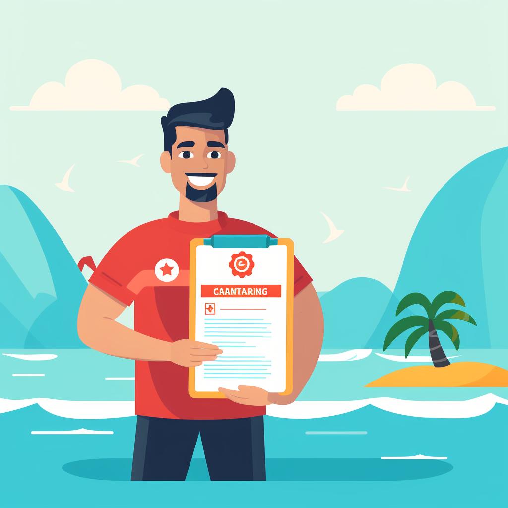 A proud new lifeguard holding up their certification.